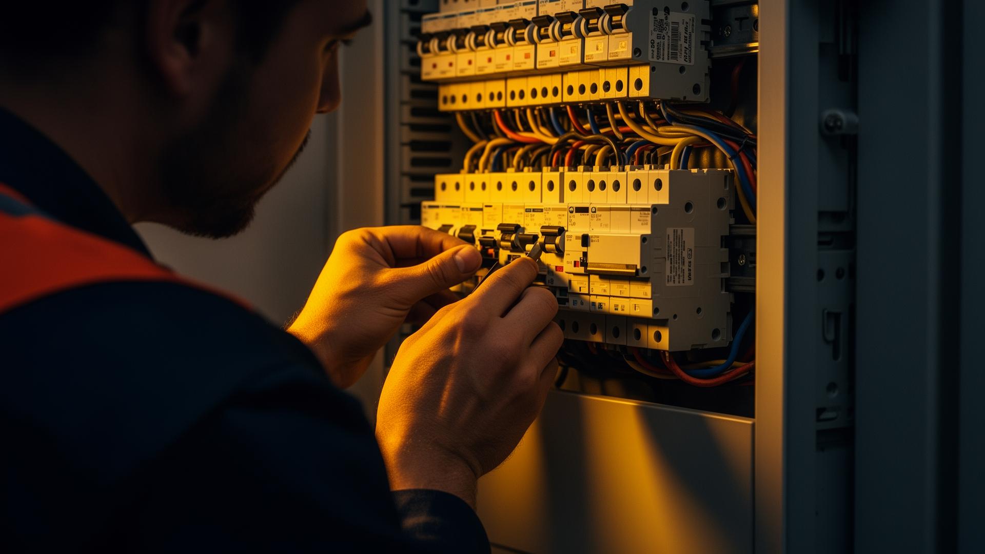 Eletricista Júlio Souza trabalhando em quadro elétrico